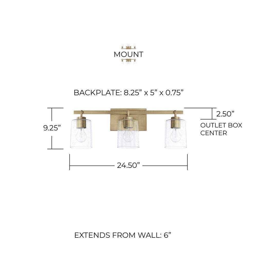 Elegant Greyson 3-Light Vanity in Aged Brass with Seeded Glass Shades