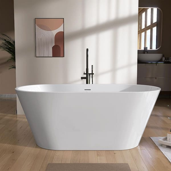 Ane 55 in. x 27.5 in. Acrylic Soaking Tub Flatbottom Free Standing Bathtub Chrome Anti-clogging Drain in Glossy White