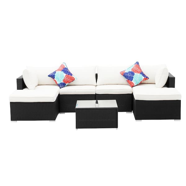 Jushua 7-Piece Rattan Patio Conversation Set with White Cushions