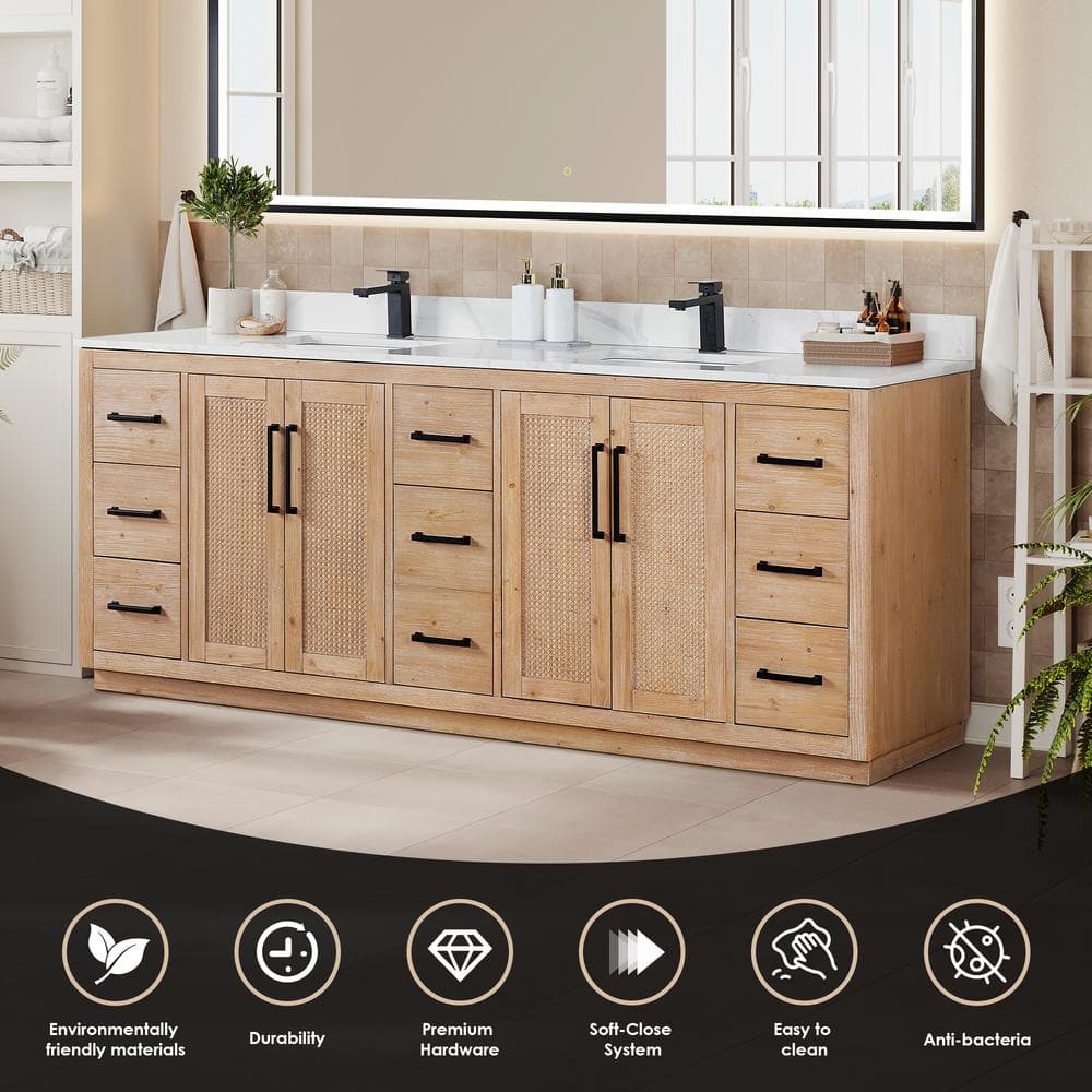 Floral 84" Light Brown Fir Wood Vanity with Calacatta White Quartz Top and Mirror