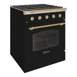 CLASSICO 30 in. 4.2 cu. ft. 4 Burner Freestanding Dual Fuel Range Gas Stove, Electric Oven, Glossy Black with Brass Trim