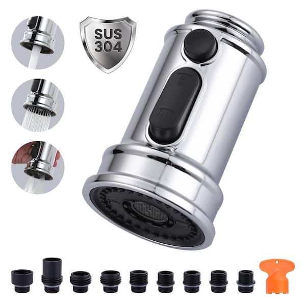 3-Modes Kitchen Faucet Spray Head Replacement Stainless Steel with 9 Adapters in Polished Chrome