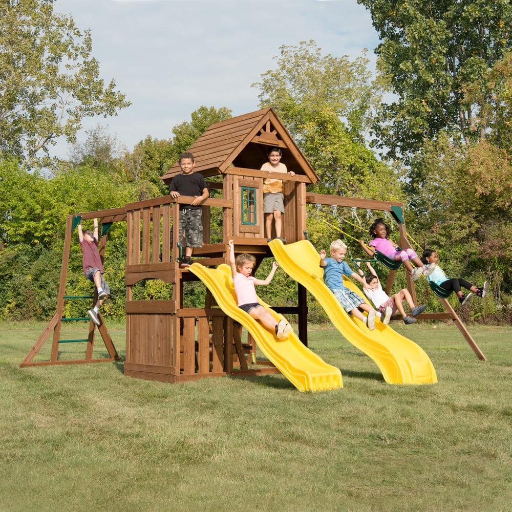 Castlebrook Large Wooden Play Swing Set with Slides and Clubhouse