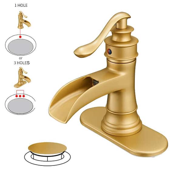 BWE Waterfall Single Hole Single-Handle Low-Arc Bathroom Faucet With Pop-up Drain Assembly In Brushed Gold
