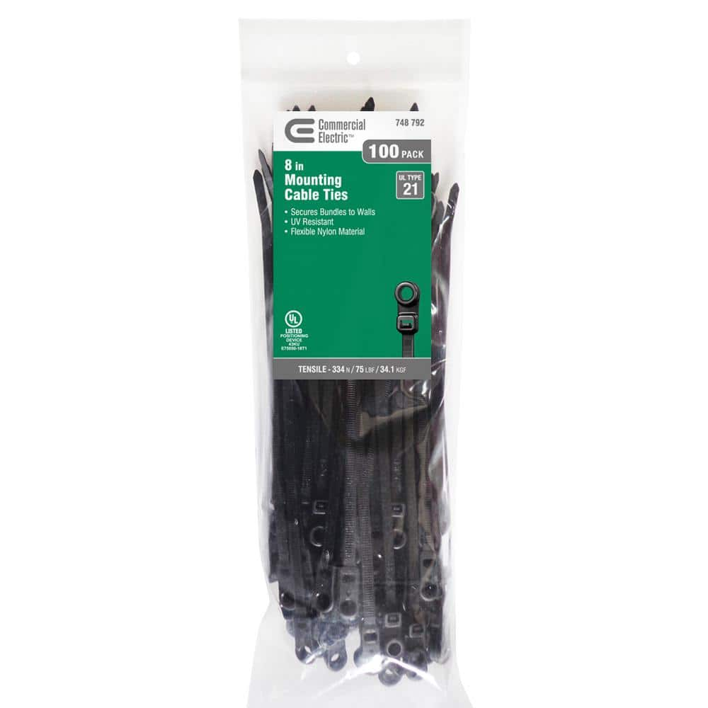 Commercial Electric 8in Mountable 75lb Tensile Strength UL 21 Rated Cable Zip Ties 100 Pack UV (Black)