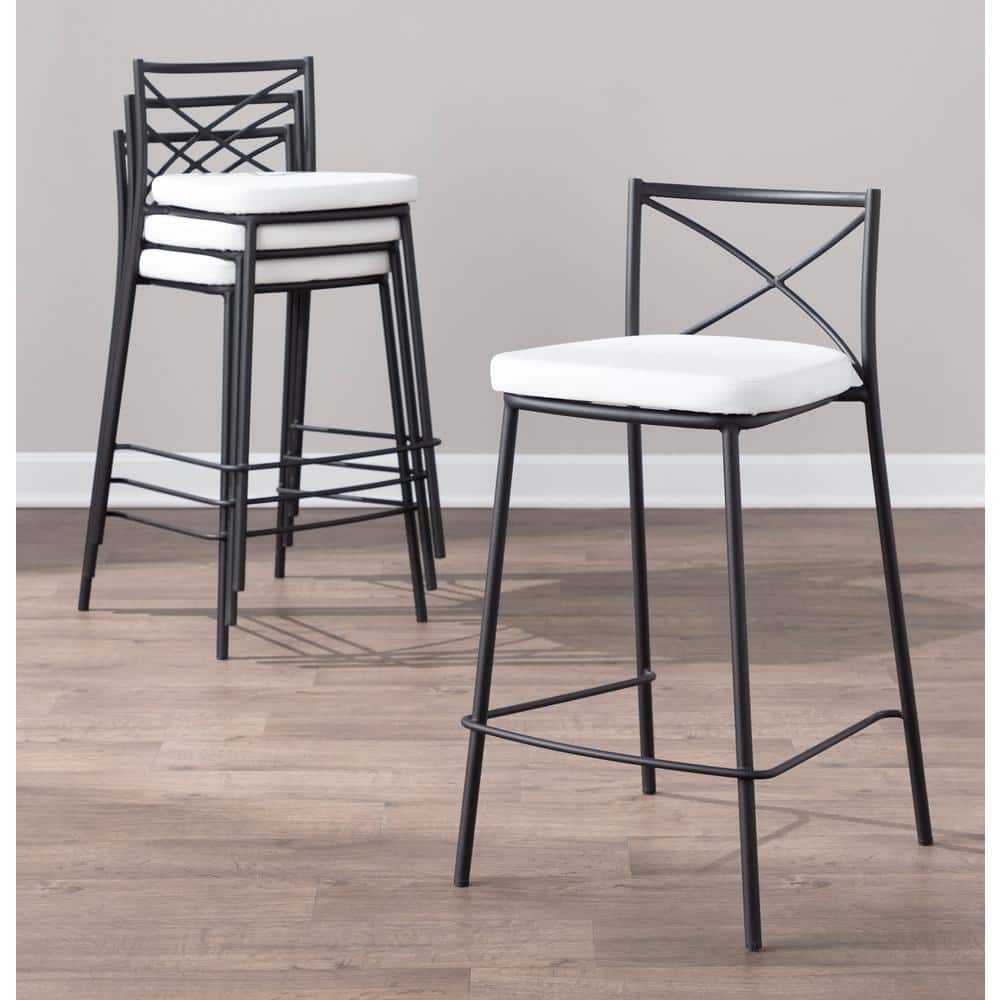 Charlotte 25" Black Metal and White Faux Leather Counter Stool Set