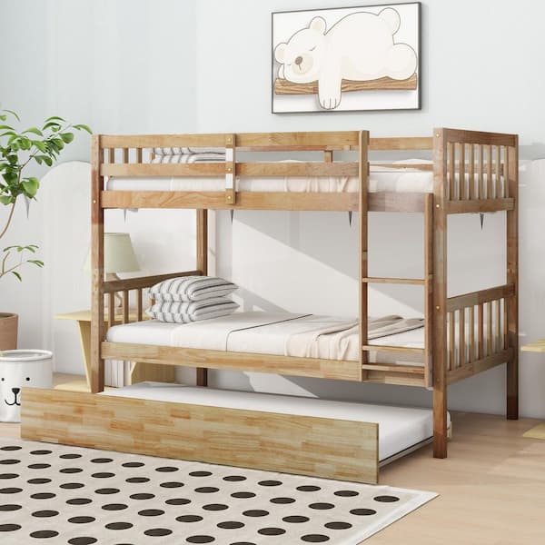 White Oak Color Twin Over Twin Wood Bunk Bed with Trundle, Ladder and Safety Guardrails, Convertible to 2 Beds