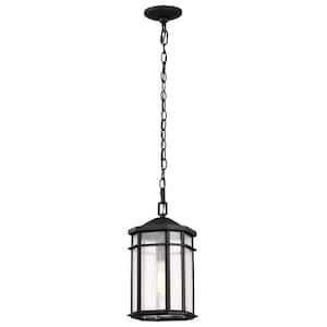 Raiden 14.5 in. 1-Light Matte Black Dimmable Outdoor Pendant Light with Clear Seedy Glass and No Bulbs Included
