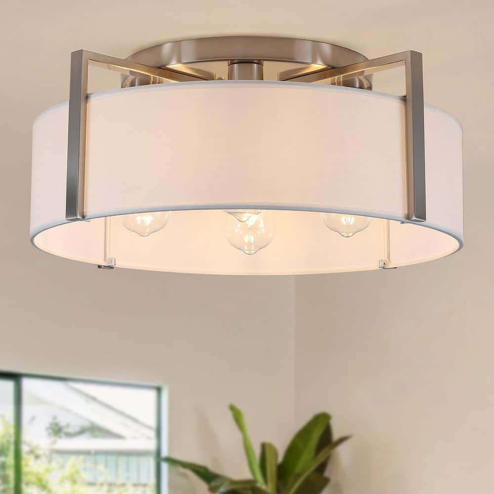 20.47 in. 4-Light Nickel Drum Farmhouse Semi Flush Mount Ceiling Light with White Fabric Shade for Kitchen Island price history on PriceWatchPro