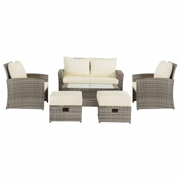 Zeus & Ruta Light Gray Wicker 6 Pieces Outdoor Patio Sectional Sofa Conversation Set with Beige Cushions and 1 Coffee Table