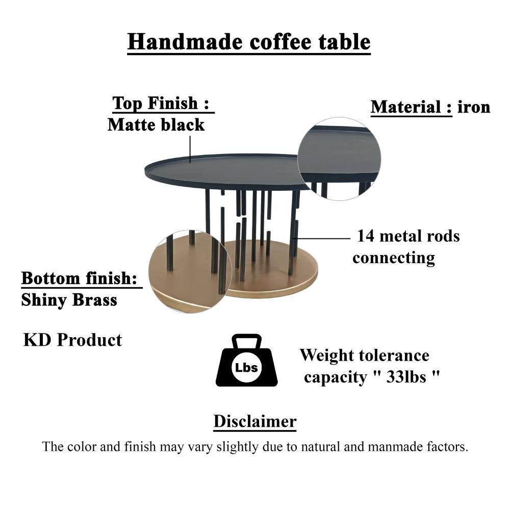 31" Round Matte Black and Brass Metal Coffee Table