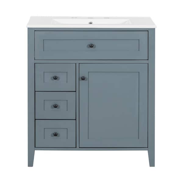 30 in. Freestanding Blue Gray Bath Vanity with White Ceramic Top 3 Drawers and Adjustable Shelf