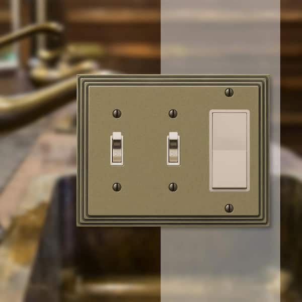 Tiered 3 Gang 2-Toggle and 1-Rocker Metal Wall Plate - Rustic Brass