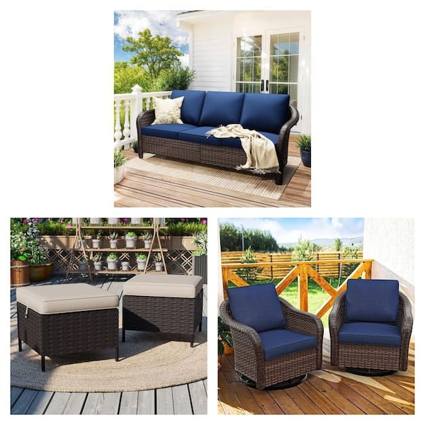 Brown Wicker Patio Set: (2) Ottomans with Beige Cushions, Rocking Swivel Chairs with Blue Cushions, 3-Seat Sofa