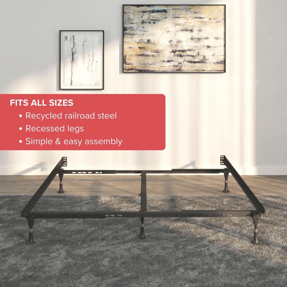 Adjustable Black Metal Twin/Full Bed Frame with Glides