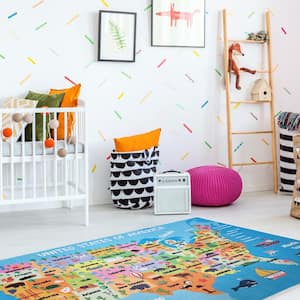 Map Blue 39.5 in. x 59 in. Cotton Washable Educational for Kids Room Area Rug