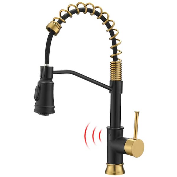 Staykiwi Single Handle Pull Out Sprayer Automatic Smart Kitchen Faucet in Black and Gold