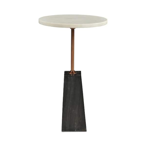 Isolde 12 in. Round White Marble Accent Table with Dark Grey Marble Base and Brass Iron Post