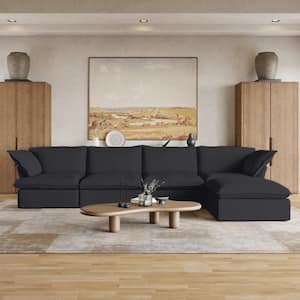 162.55 in. W Flared Arm Linen Modular 5-Piece Down-Filled Free Combination Sectional Sofa with Ottoman in Black