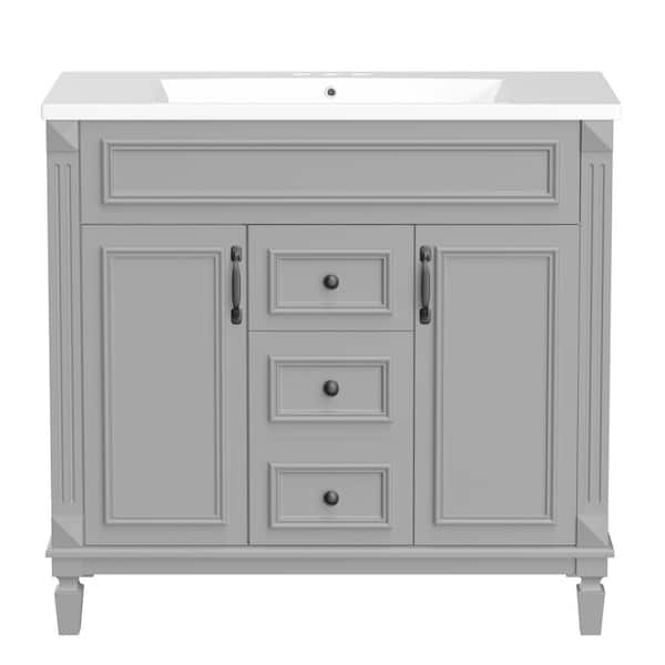 Aoibox 35.9 in. W. x 18.1 in. D x 34 in. H Freestanding Bath Vanity in Gray with White Top Single Sink, 2-Doors, and 2-Drawers