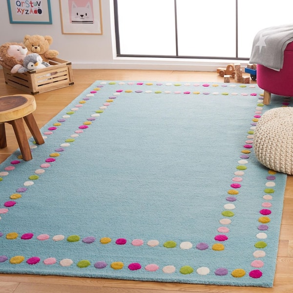 Kids 5 ft. x 5 ft. Blue/Pink Polka-Dot Border Square Area Rug