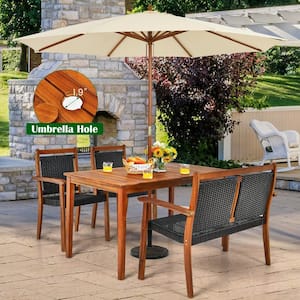 4-Piece Wood Outdoor Dining Set with Acacia Wood Frame Chair and Umbrella Hole