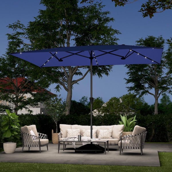 11 x 7 ft. Steel LED Large Double-Sided Rectangular Outdoor Market Patio Umbrella with Crank in Navy Blue