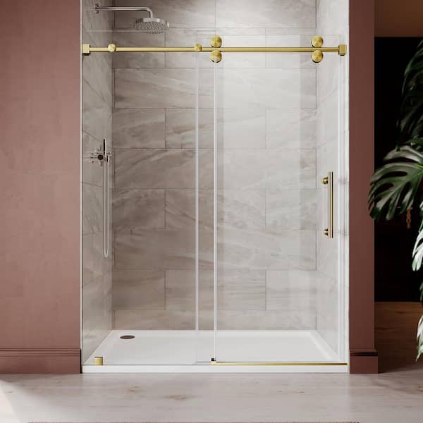 UKS04 61 to 65 in. W x 76 in. H Sliding Frameless Shower Door in Satin Brass, EnduroShield 3/8 in. SGCC Clear Glass