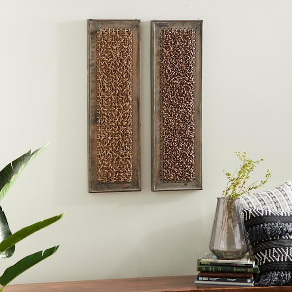 Litton Lane Wood Brown Woven Seagrass Abstract Wall Decor (Set of 2)