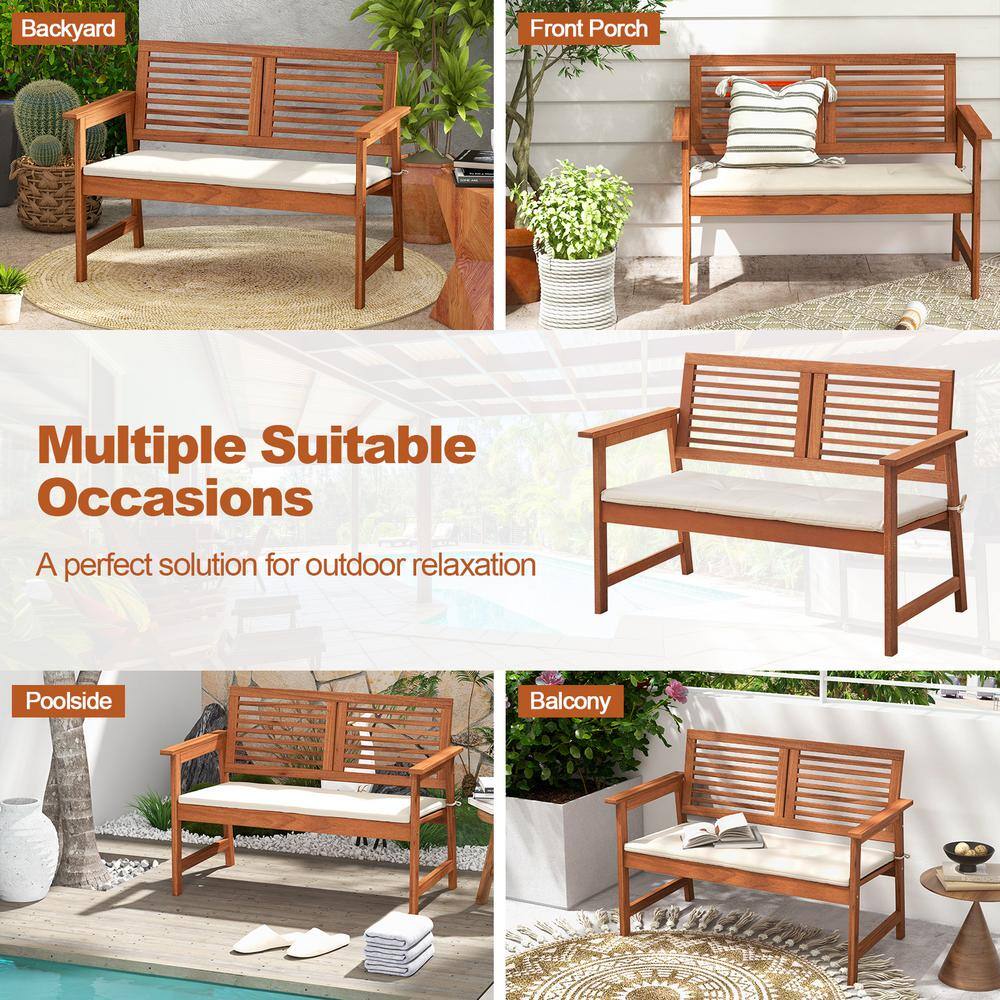Natural Brown Solid Wood Outdoor Bench with Off-White Cushion