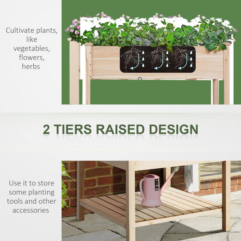 Natural Fir Wood 2-Tier Elevated Garden Bed with Storage Shelf