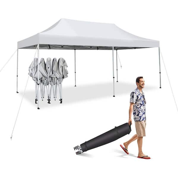 10 ft. x 20 ft. White Pop-Up Canopy Tent UPF 50 Plus Folding Instant Sun Shelter Patio