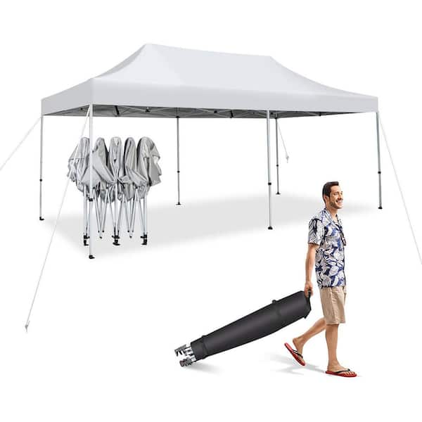 Gymax 10  ft.  x 20  ft.  White Pop-Up  Canopy Tent UPF 50 Plus Folding Instant Sun Shelter Patio