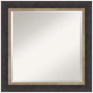 Hammered Charcoal Tan 24.75 in. x 24.75 in. Beveled Casual Square Wood Framed Bathroom Wall Mirror in Black