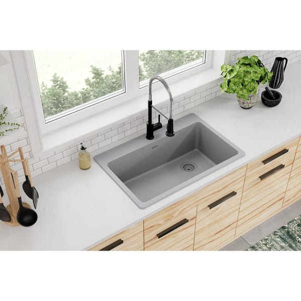 Quartz Classic 33 in. Drop-in Single Bowl Greystone Granite/Quartz Composite Kitchen Sink Only