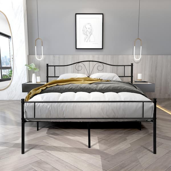 Full Metal Bed Frame In Black Color, Overbed Storage For King Size Bed Frame