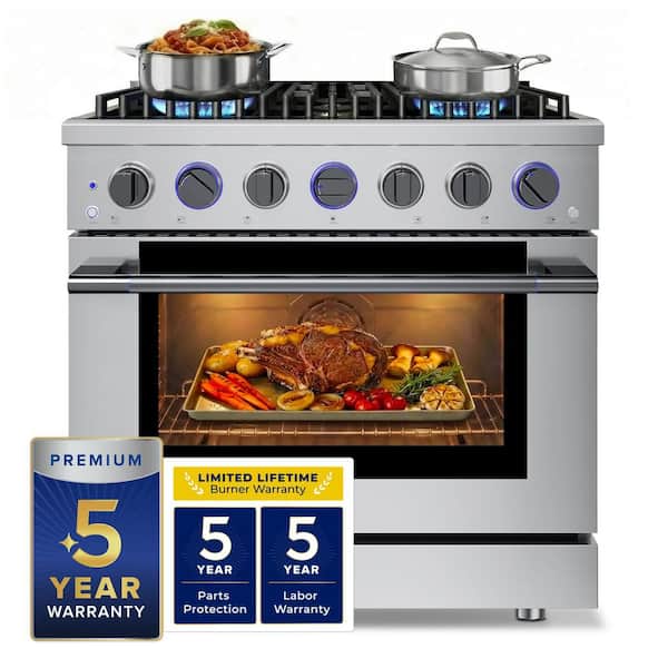 HausPro 36 in. 6 Burners (20,000 BTU) Freestanding Dual Fuel Range in Stainless with Convection Oven Black Stainless