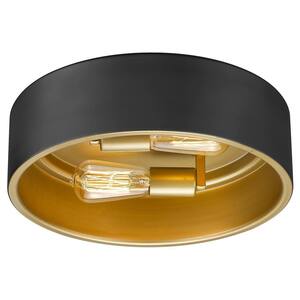 14 in. 2-Light Black Gold Close to Ceiling Light Fixture Flush Mount Light