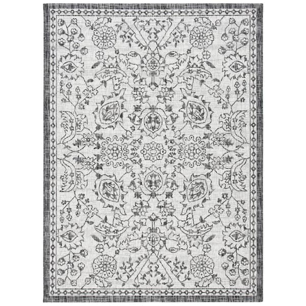Courtyard Gray/Black 4 ft. x 6 ft. Floral Ornate Abstract Indoor/Outdoor Area Rug