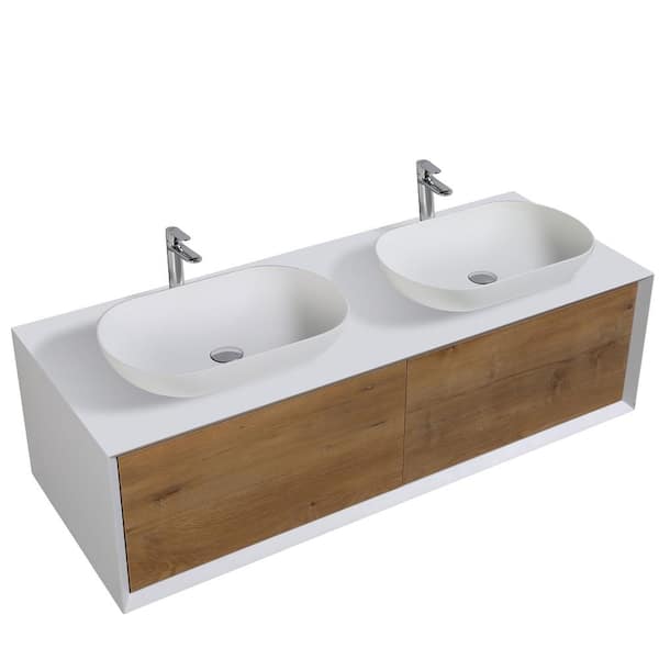 Fiona 55 in. W x 21 in. W x 15.7 in. H Bath Vanity in White with White Double Solid Surface Sink