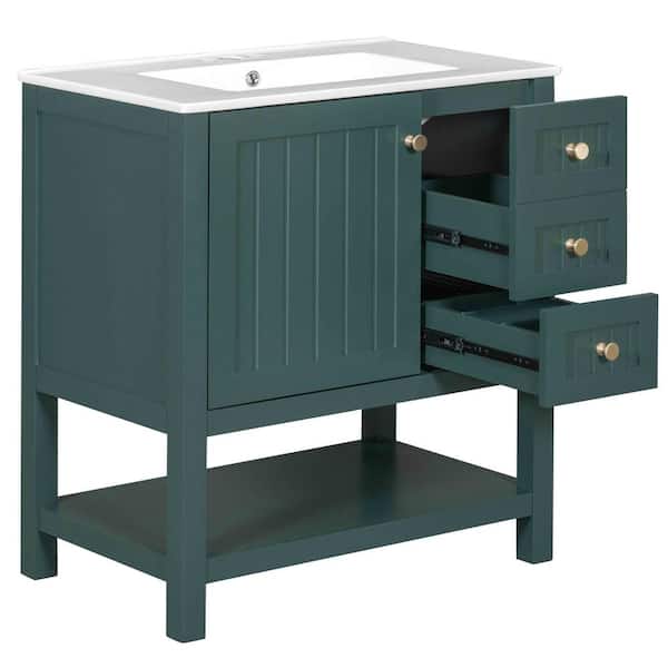 30 in. W x 18.3 in. D x 33.59 in. H Freestanding Bath Vanity in Green with White Ceramic Top