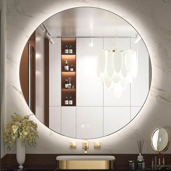 KeonJinn 40 in. W. x 40 in. H Round Frameless Dimmable Super Bright LED Anti-Fog Wall Mount Bathroom Vanity Mirror with Backlit