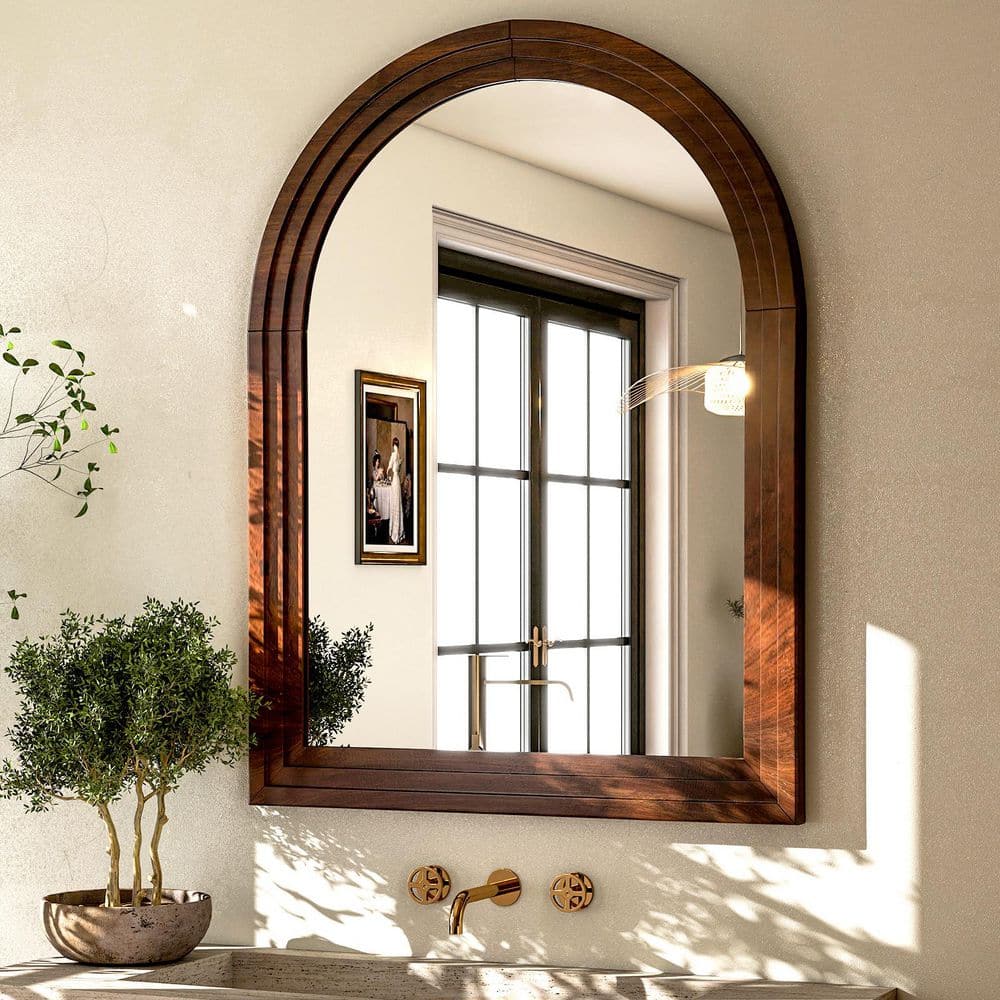 XRAMFY 30 in. W x 40 in. H Arched Classic Brown Wooden Framed Bathroom Vanity Mirror Wall Mirror 1026AC3040WM-BN