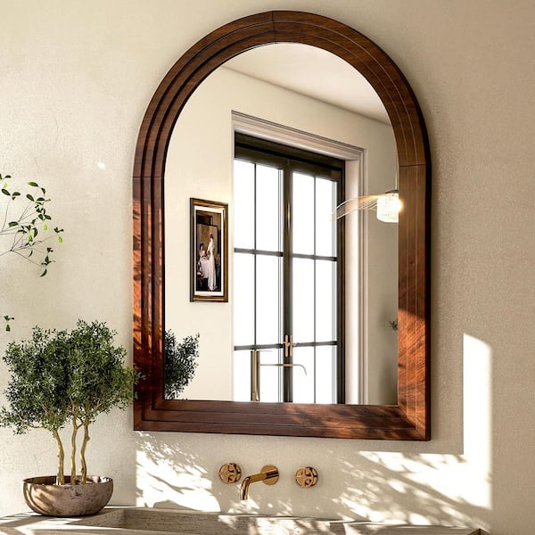 XRAMFY 30 in. W x 40 in. H Arched Classic Brown Wooden Framed Bathroom Vanity Mirror Wall Mirror