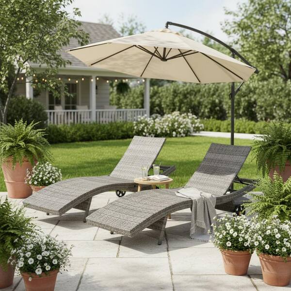Grey Wicker Outdoor Recliner with Wheels for Poolside, Deck (Set