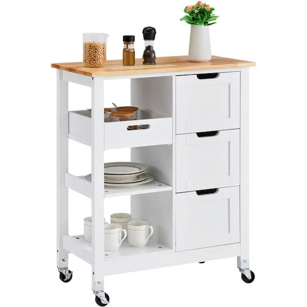 VEVOR Natural Wood Kitchen Island Cart Rolling Storage Cabinet on Wheel, Kitchen Cart with Drawer and Shelves, White