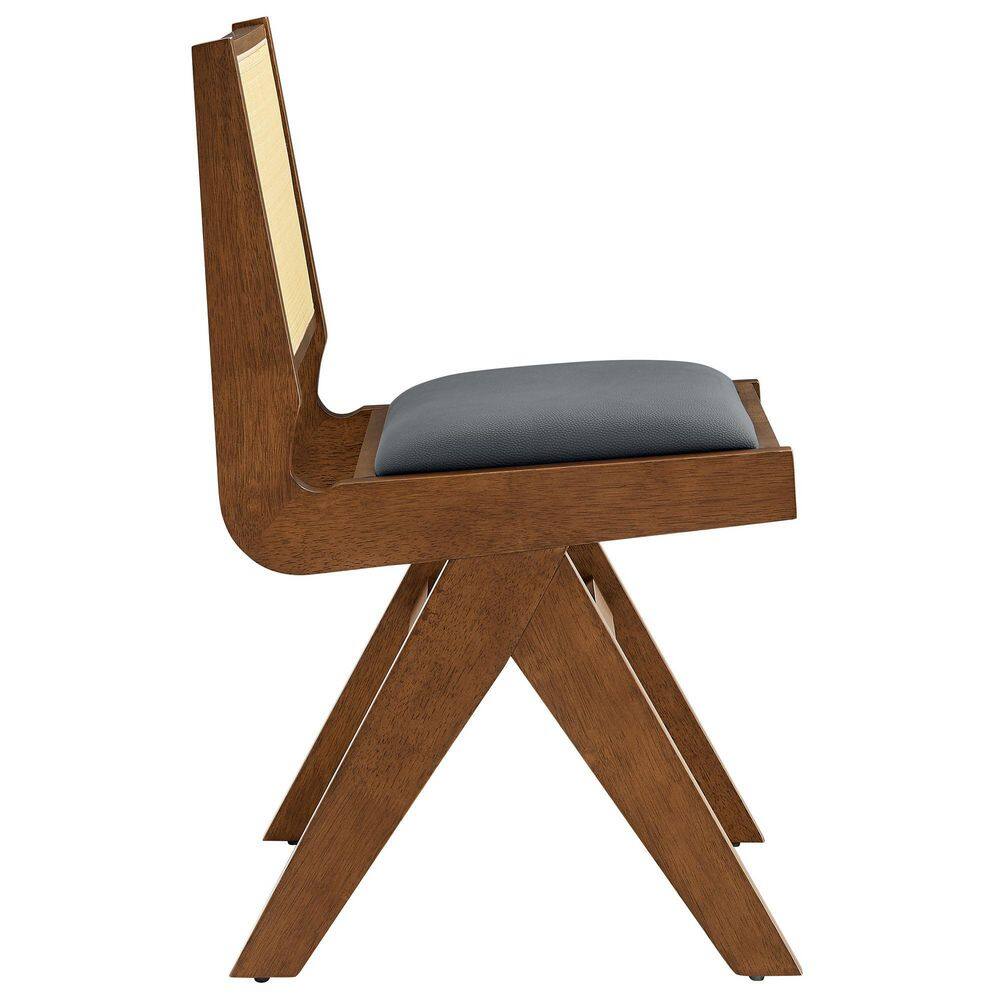 Walnut Black Low Rattan Cane Side Chair with Faux Leather Seat