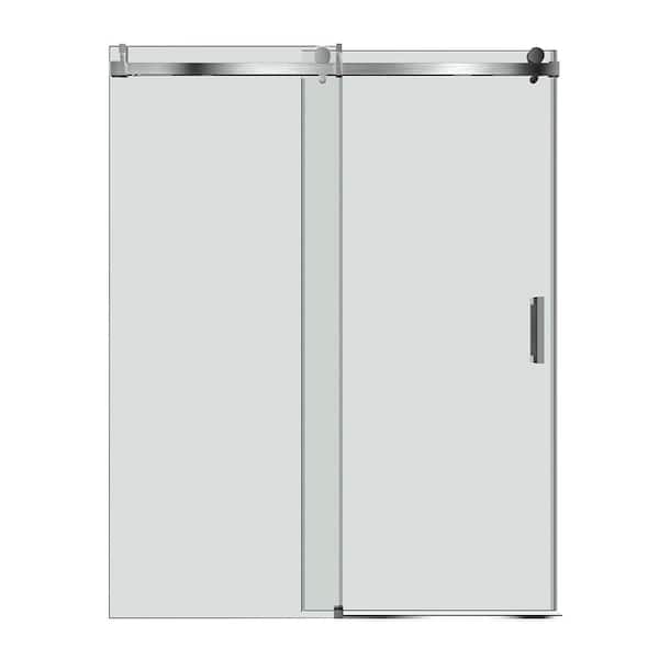 WELLFOR 60 in. W x 76 in. H Single Sliding Frameless Shower Door in Brushed Nickel with Soft Close 3/8in. Glass Shower Enclosure