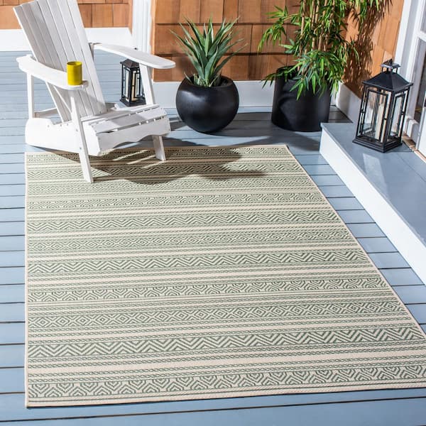 Courtyard Beige/Dark Green 9 ft. x 12 ft. Tribal Striped Indoor/Outdoor Patio  Area Rug