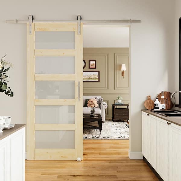 ARK DESIGN 32 in. x 80 in. 5-Lite Frosted Glass Unfinished Glass Sliding Barn Door with Hardware Kit